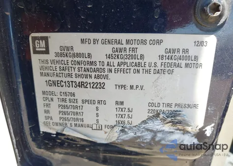 2004 Chevrolet Tahoe Ls из США, поврежденный, VIN 1GNEC13T34R212232